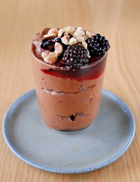 Dark chocolate mousse, macerated blackberries and roasted hazelnuts