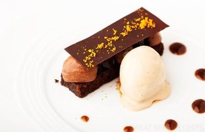 Dark chocolate mousse, poached Agen prunes and Earl Grey tea ice cream
