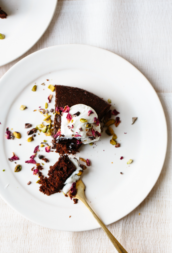 Dark chocolate olive oil cake: pistachio, rose, cardamom cream, Cyprus salt