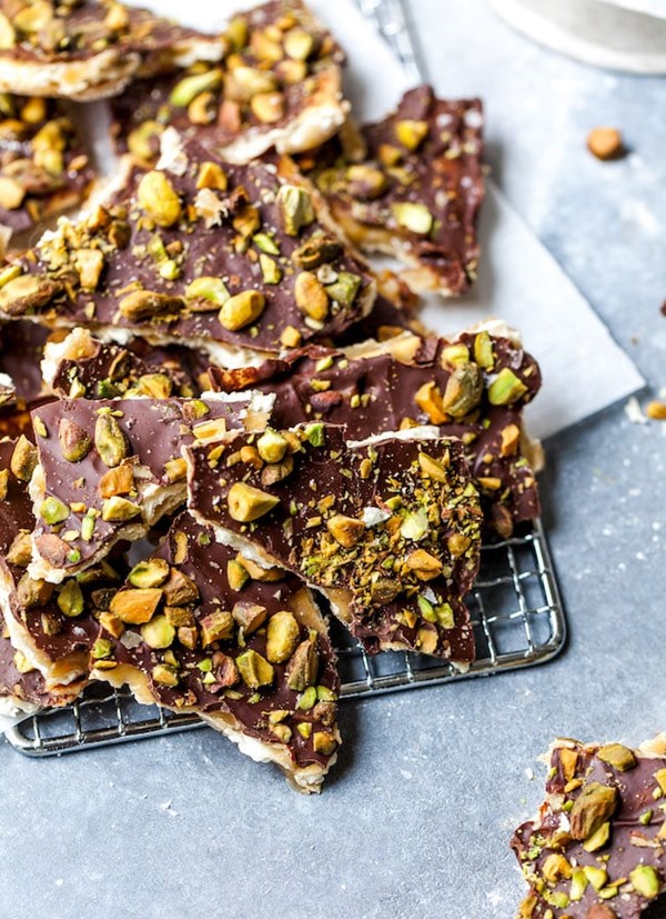 Dark chocolate pistachio saltine toffee