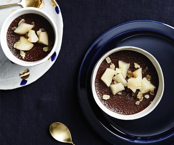 Dark chocolate pots de crème with  ginger pear
