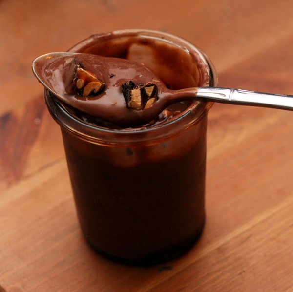Dark chocolate pudding with candy topping