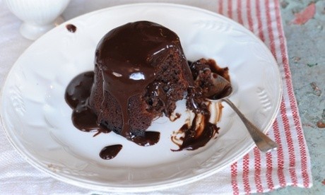 Dark chocolate puddings with salted chocolate honey sauce