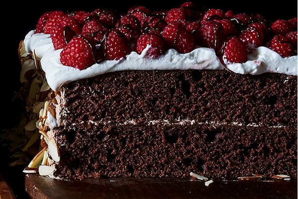 Dark chocolate raspberry sheet cake layer cake