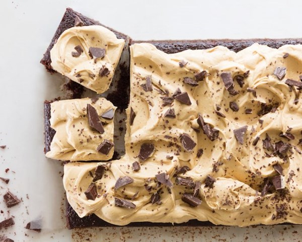 Dark chocolate sheet cake with peanut butter frosting