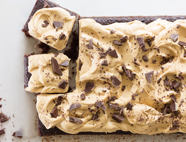 Dark chocolate sheet cake with peanut butter frosting