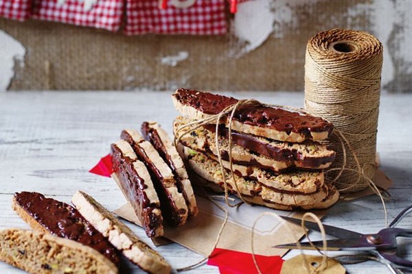 Dark chocolate, sour cherry and pistachio biscotti