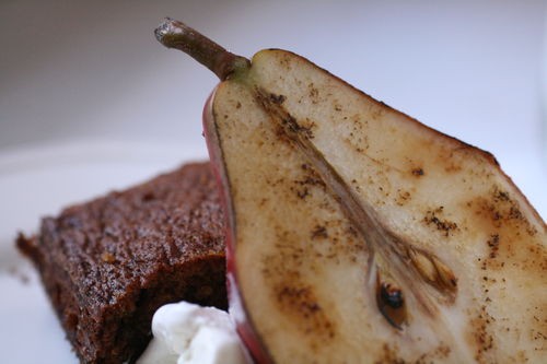 Dark gingerbread pear cake