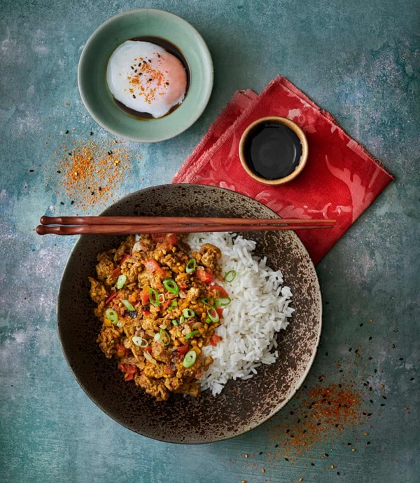 Dashi keema curry with onsen tamago egg