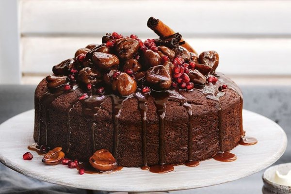 Date & chestnut cake with pomegranate butterscotch