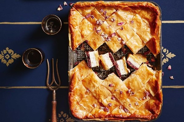 Date & ricotta baklava pie with rosewater syrup