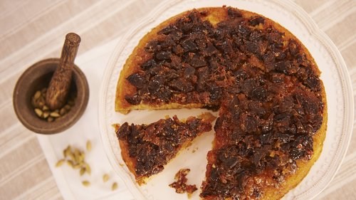 Date, cardamom and ginger upside-down cake