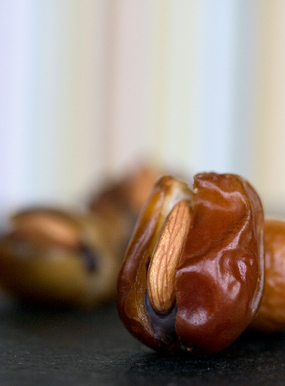 Dates filled with chocolate cream and almonds