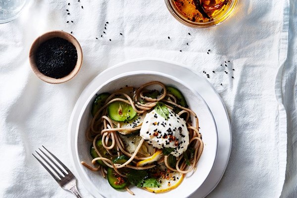 Dawn Perry's soba salad with cucumbers, soft tofu & quick chile oil