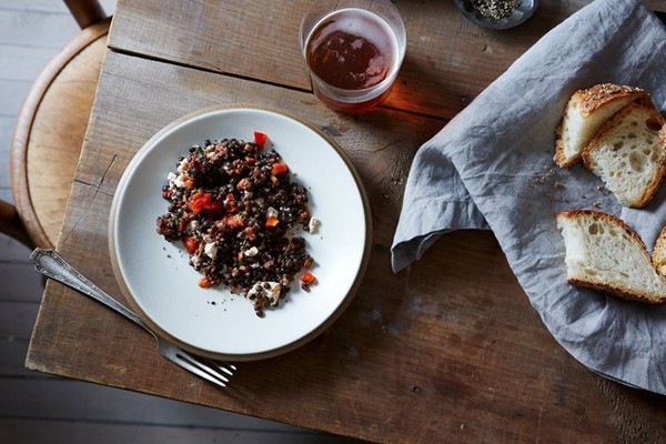Deborah Madison's lentil salad with mint, roasted peppers and feta cheese