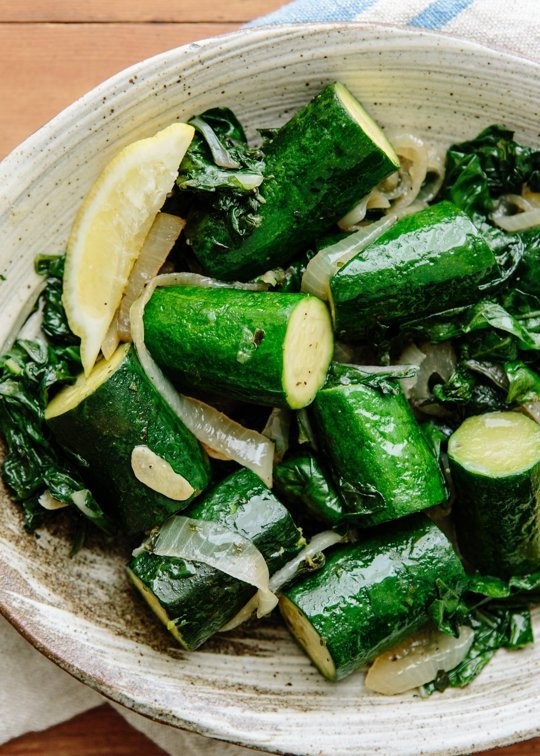 Deborah Madison's zucchini logs stewed in olive oil with onions and chard