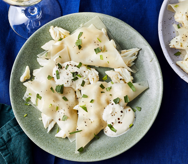 Deconstructed crab ravioli with tarragon cream