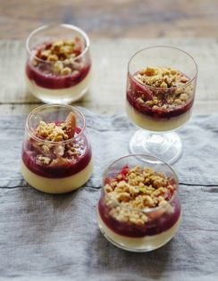 Deconstructed poached rhubarb & pistachio crumble