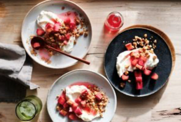 Deconstructed rhubarb cheesecake with macadamia crumble