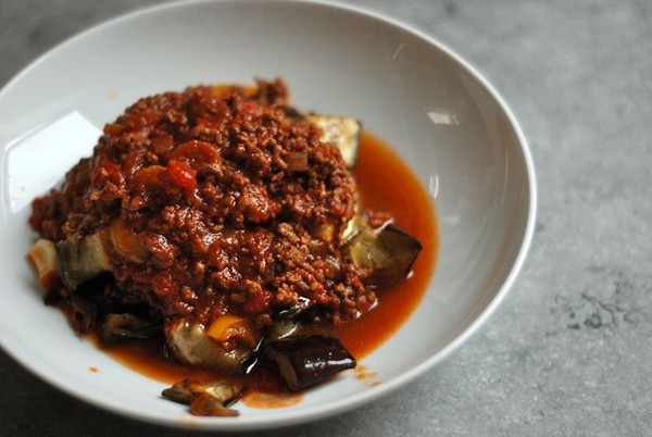 Deconstructed Turkish eggplant-ground beef soupy stewy business