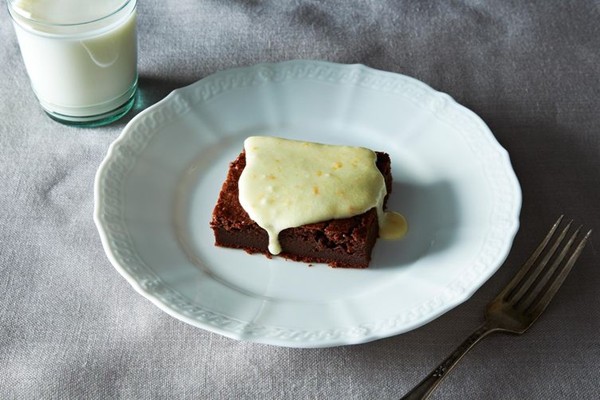 Deep chocolate cake with orange icing
