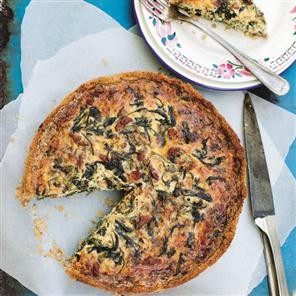 Deep-dish Gruyère, spinach and bacon quiche with walnut pastry