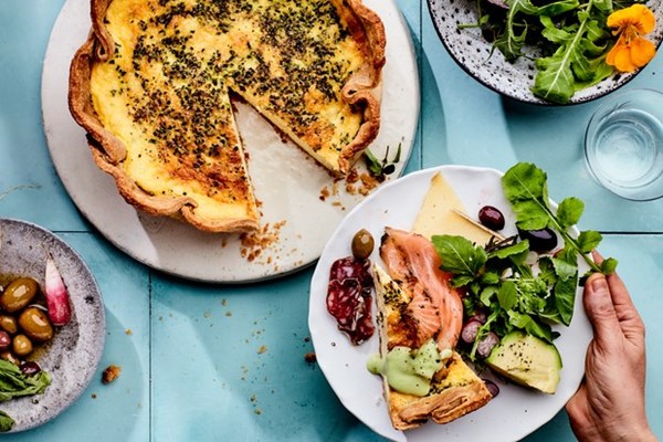 Deep dish quiche with garnishes