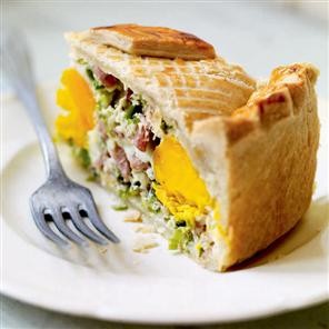 Deep-filled egg and bacon pie