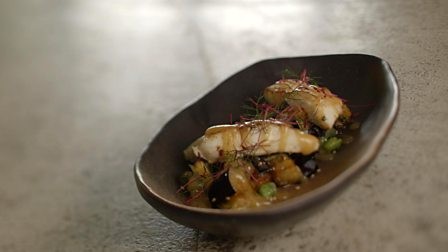 Deep-fried aubergine with halibut and miso