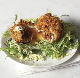 Deep-fried bacon and eggs with lemon and egg vinaigrette