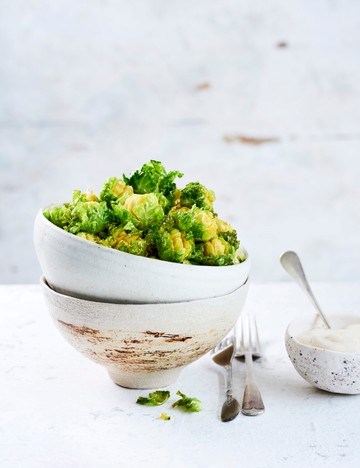 Deep-fried blooming sprouts with tahini dip