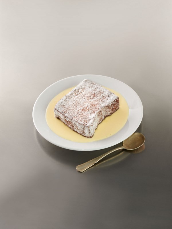 Deep-fried bread & butter pudding with cold custard