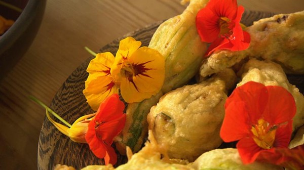 Deep-fried courgette flowers stuffed with ricotta and herbs