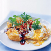Deep-fried eggs with golden garlic, chilli and oyster sauce