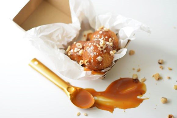 Deep fried ice cream with salted brandy caramel