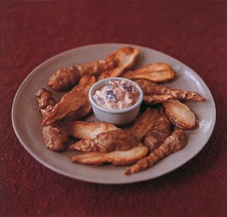 Deep-fried Jerusalem artichokes with aubergine yoghurt relish
