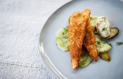 Deep-fried lemon sole with cucumber salad and lime mayonnaise