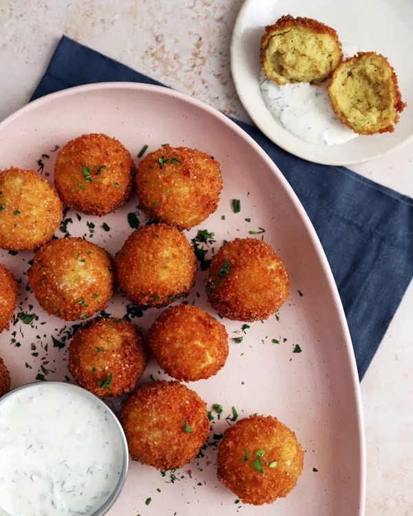 Deep-fried matzo balls with herby ranch