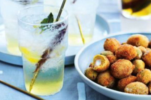 Deep-fried olives stuffed with vermouth-whipped feta