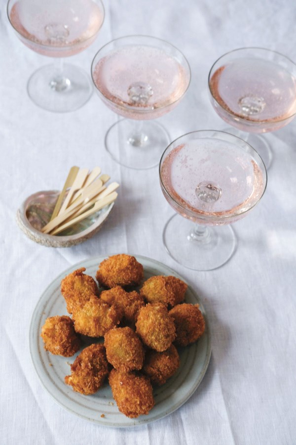 Deep-fried olives stuffed with anchovy and goat’s cheese