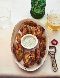 Deep-fried pickles with buttermilk dip