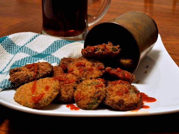 Deep fried pickles with Old Bay and buttermilk