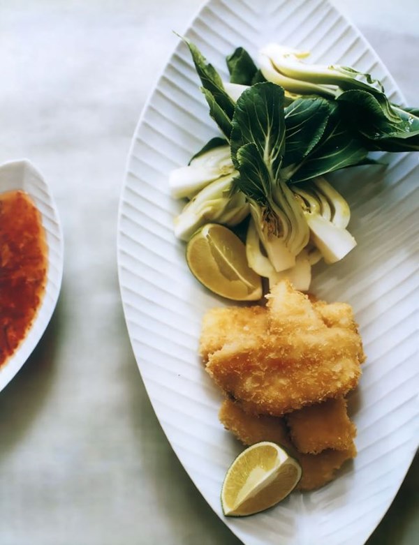 Deep-fried plaice and pak choi with chilli dipping sauce