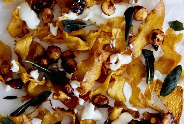 Deep-fried pumpkin crisps with honey-spiced macadamias