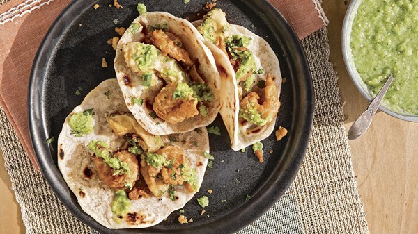 Deep-fried shrimp and avocado tacos