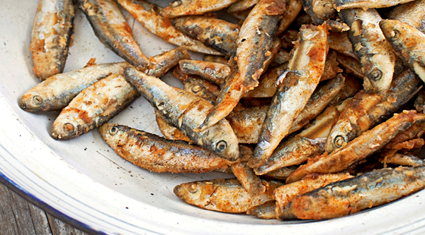 Deep fried whitebait with artichoke and white bean dip