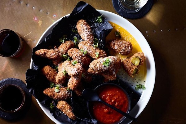 Deep fried za'atar pickles with Bloody Mary sauce