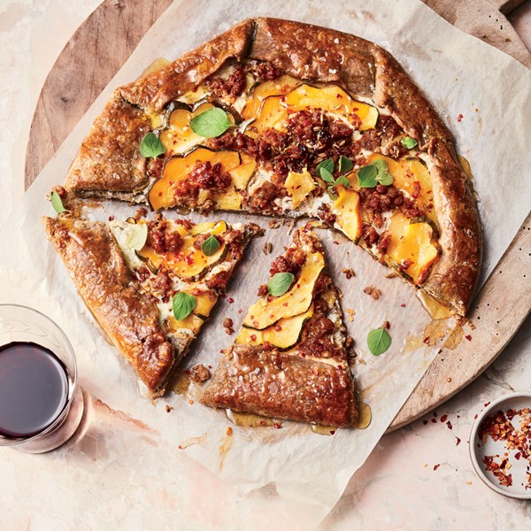 Delicata squash and sausage crostata with ricotta and honey