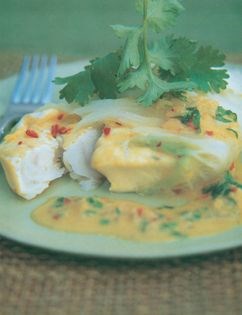 Delicately spiced turbot fillets wrapped in Chinese leaves