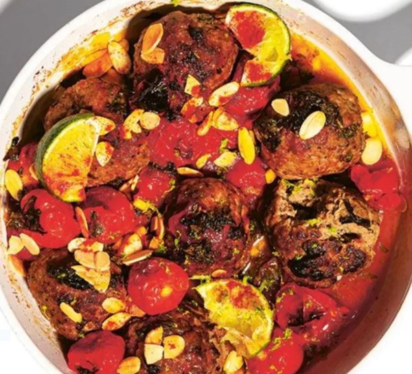 Desi kofta meatballs with sticky mango-lime tomatoes